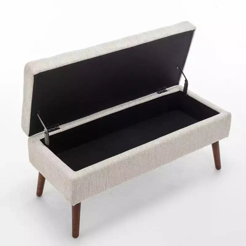 Banc de rangement 43,3W pour chambre à coucher, banc de bout de lit, pouf d'entrée avec pieds en bois massif, revêtement en lin/cuir PU, capacité de 136 kg - ModernLuxe