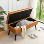 Banc de rangement 43,3W pour chambre à coucher, banc de bout de lit, pouf d'entrée avec pieds en bois massif, revêtement en lin/cuir PU, capacité de 136 kg - ModernLuxe