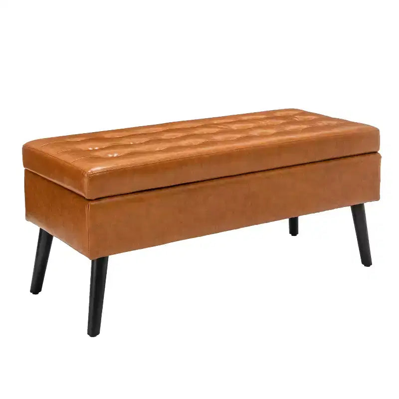 Banc de rangement 43,3W pour chambre à coucher, banc de bout de lit, pouf d'entrée avec pieds en bois massif, revêtement en lin/cuir PU, capacité de 136 kg - ModernLuxe