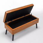 Banc de rangement 43,3W pour chambre à coucher, banc de bout de lit, pouf d'entrée avec pieds en bois massif, revêtement en lin/cuir PU, capacité de 136 kg - ModernLuxe