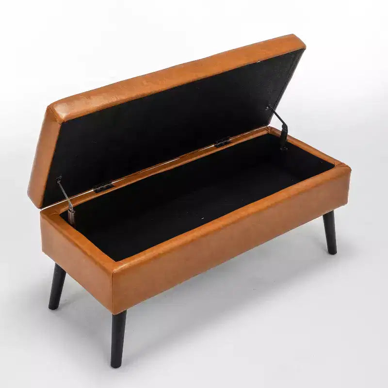 Banc de rangement 43,3W pour chambre à coucher, banc de bout de lit, pouf d'entrée avec pieds en bois massif, revêtement en lin/cuir PU, capacité de 136 kg - ModernLuxe