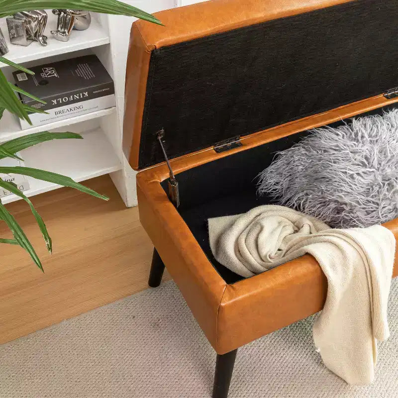 Banc de rangement 43,3W pour chambre à coucher, banc de bout de lit, pouf d'entrée avec pieds en bois massif, revêtement en lin/cuir PU, capacité de 136 kg - ModernLuxe