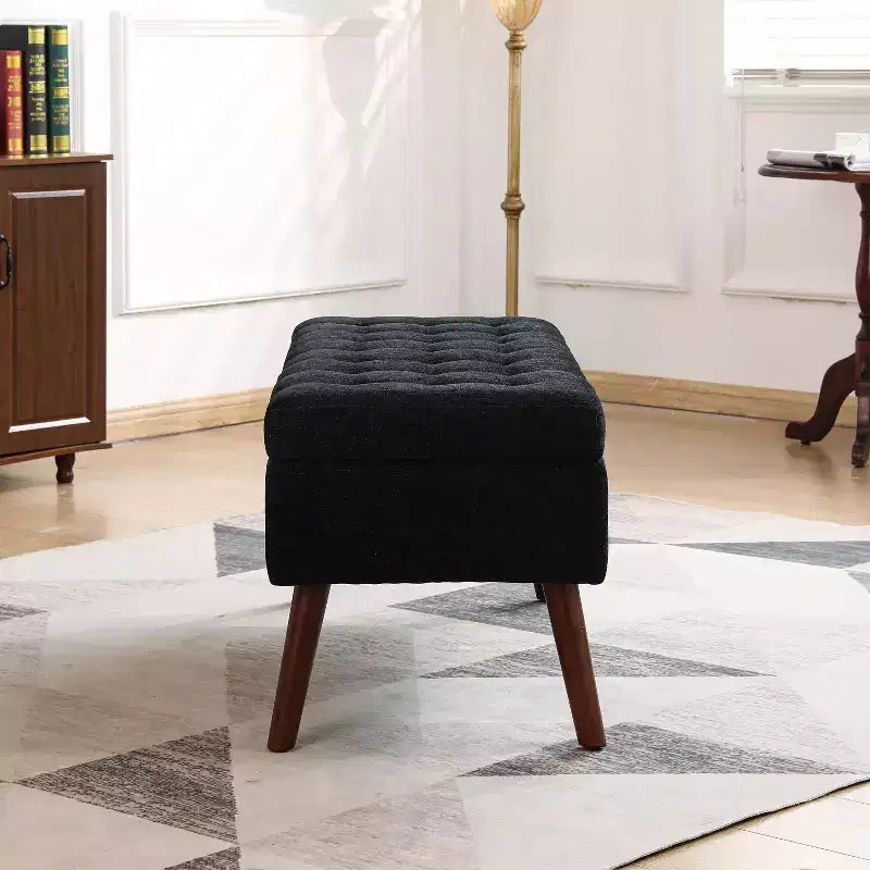 Banc de rangement 43,3W pour chambre à coucher, banc de bout de lit, pouf d'entrée avec pieds en bois massif, revêtement en lin/cuir PU, capacité de 136 kg - ModernLuxe