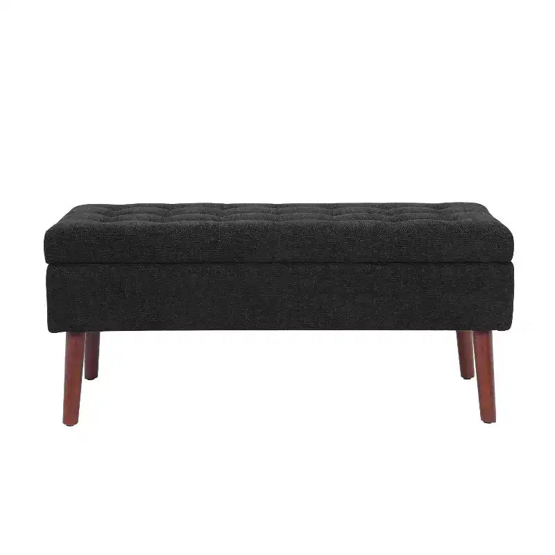 Banc de rangement 43,3W pour chambre à coucher, banc de bout de lit, pouf d'entrée avec pieds en bois massif, revêtement en lin/cuir PU, capacité de 136 kg - ModernLuxe