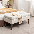 Banc de rangement 43,3W pour chambre à coucher, banc de bout de lit, pouf d'entrée avec pieds en bois massif, revêtement en lin/cuir PU, capacité de 136 kg - ModernLuxe