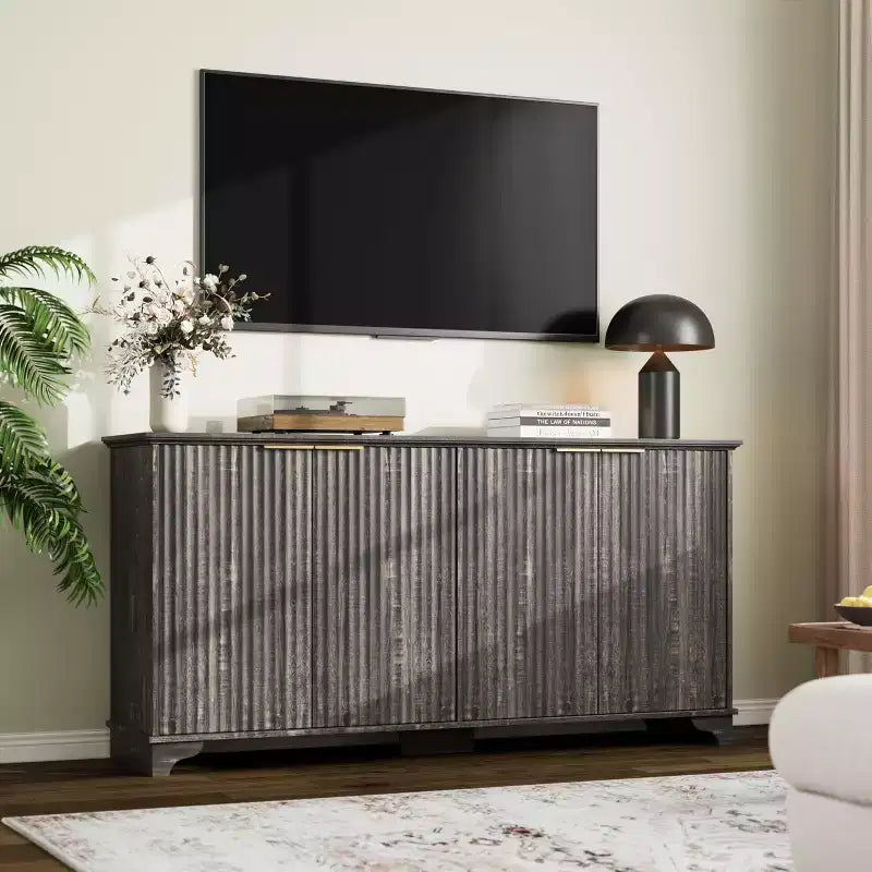 Whizmax Bahut buffet cannelé avec 4 portes et rangement, meuble de rangement avec étagères réglables, buffet de bar à café pour cuisine, salon