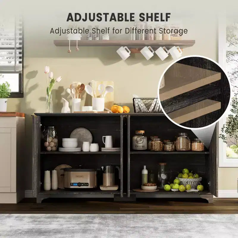 Whizmax Bahut buffet cannelé avec 4 portes et rangement, meuble de rangement avec étagères réglables, buffet de bar à café pour cuisine, salon