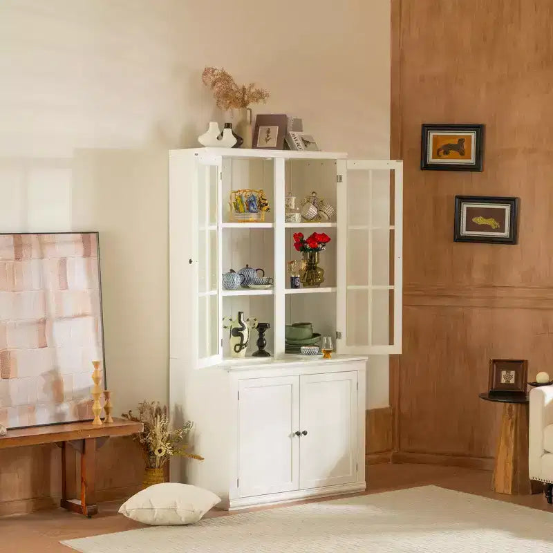 Armoire de rangement 36 W avec 2 portes vitrées et 2 étagères réglables, blanc-ModernLuxe