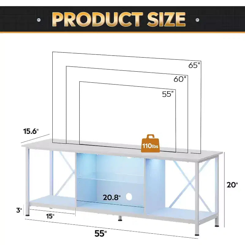 Meuble TV GALAXHERO 55 pour téléviseur 65 pouces, meuble de divertissement industriel avec lumières LED et étagère en verre, console TV pour salon/chambre à coucher