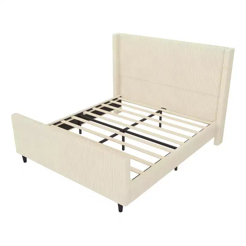 Lit plateforme tapissier Queen/King Size avec tête de lit haute à oreilles et pied de lit haut, velours côtelé, crème/taupe-ModernLuxe