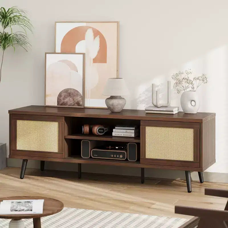Meuble TV Bestier 63" style milieu de siècle pour téléviseurs jusqu'à 75", meuble TV avec placards de rangement et étagères ouvertes pour salon