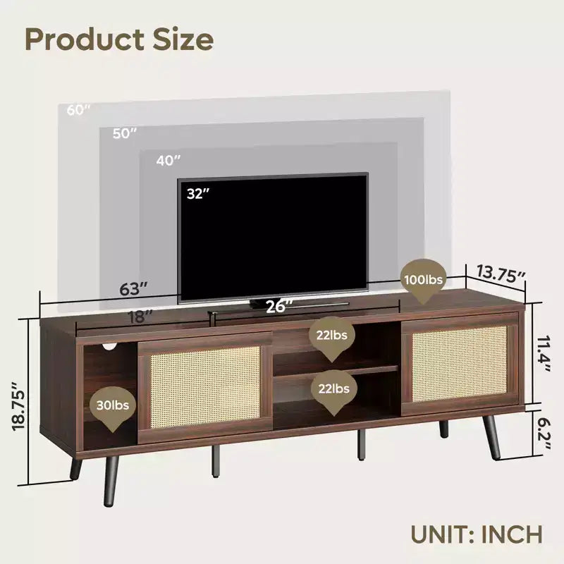 Meuble TV Bestier 63" style milieu de siècle pour téléviseurs jusqu'à 75", meuble TV avec placards de rangement et étagères ouvertes pour salon