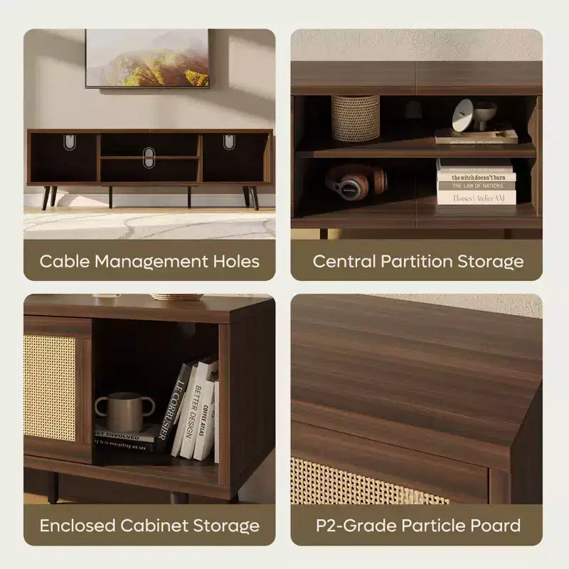 Meuble TV Bestier 63" style milieu de siècle pour téléviseurs jusqu'à 75", meuble TV avec placards de rangement et étagères ouvertes pour salon