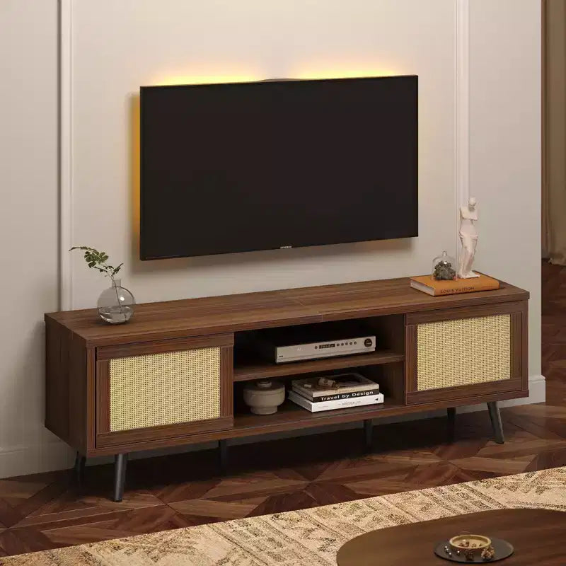 Meuble TV Bestier 63" style milieu de siècle pour téléviseurs jusqu'à 75", meuble TV avec placards de rangement et étagères ouvertes pour salon