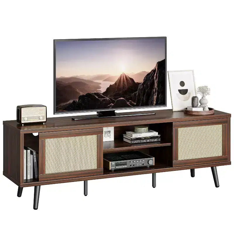Meuble TV Bestier 63" style milieu de siècle pour téléviseurs jusqu'à 75", meuble TV avec placards de rangement et étagères ouvertes pour salon