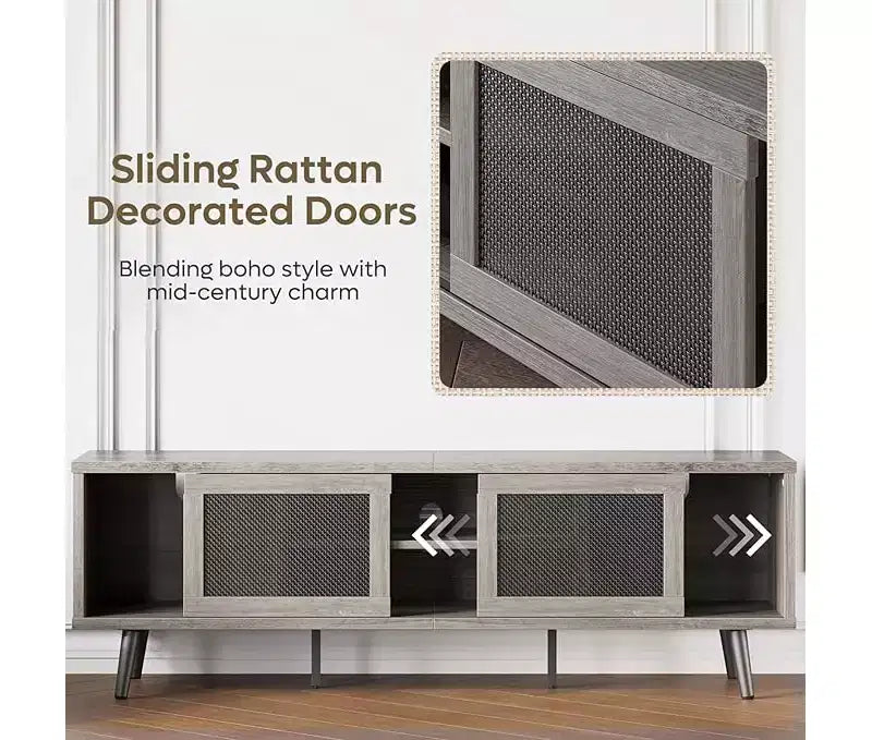 Meuble TV Bestier 63" style milieu de siècle pour téléviseurs jusqu'à 75", meuble TV avec placards de rangement et étagères ouvertes pour salon