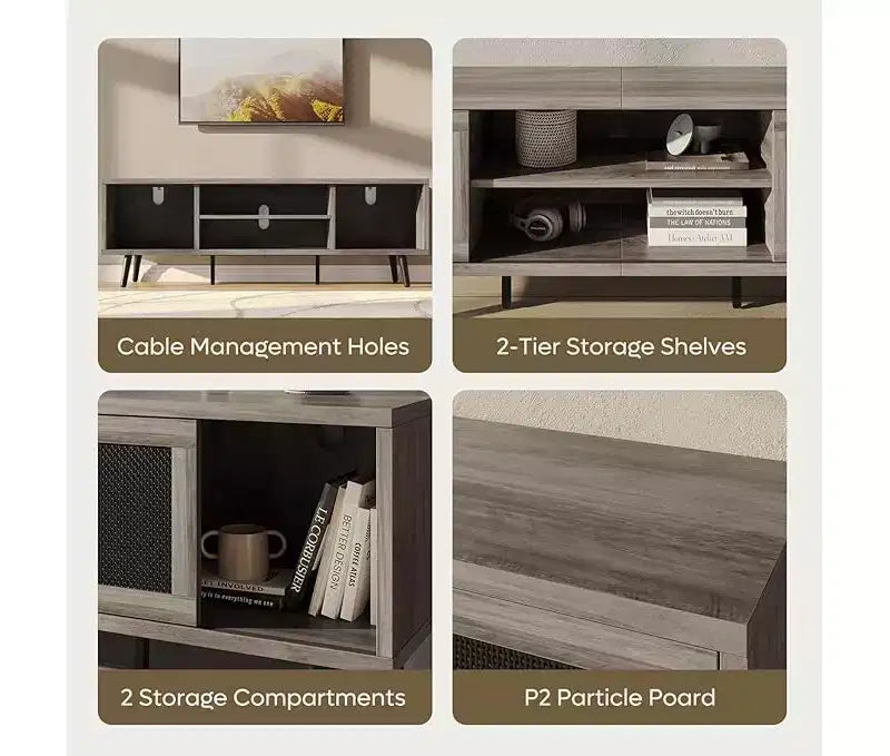 Meuble TV Bestier 63" style milieu de siècle pour téléviseurs jusqu'à 75", meuble TV avec placards de rangement et étagères ouvertes pour salon