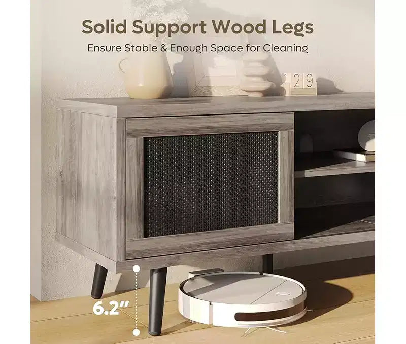 Meuble TV Bestier 63" style milieu de siècle pour téléviseurs jusqu'à 75", meuble TV avec placards de rangement et étagères ouvertes pour salon