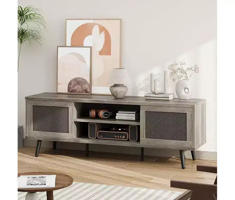 Meuble TV Bestier 63" style milieu de siècle pour téléviseurs jusqu'à 75", meuble TV avec placards de rangement et étagères ouvertes pour salon