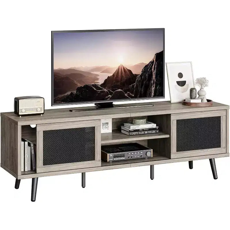 Meuble TV Bestier 63" style milieu de siècle pour téléviseurs jusqu'à 75", meuble TV avec placards de rangement et étagères ouvertes pour salon