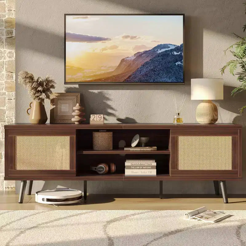 Meuble TV Bestier 63" style milieu de siècle pour téléviseurs jusqu'à 75", meuble TV avec placards de rangement et étagères ouvertes pour salon