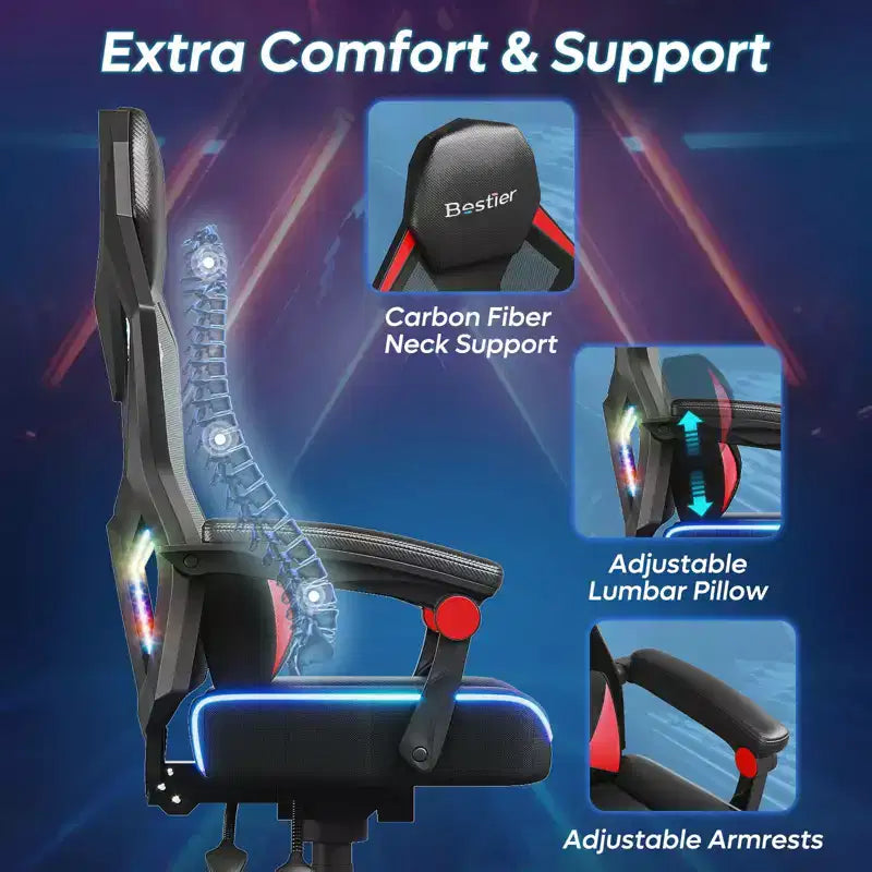 Chaise de jeu Bestier en tissu respirant avec éclairage LED RVB et accoudoirs réglables
