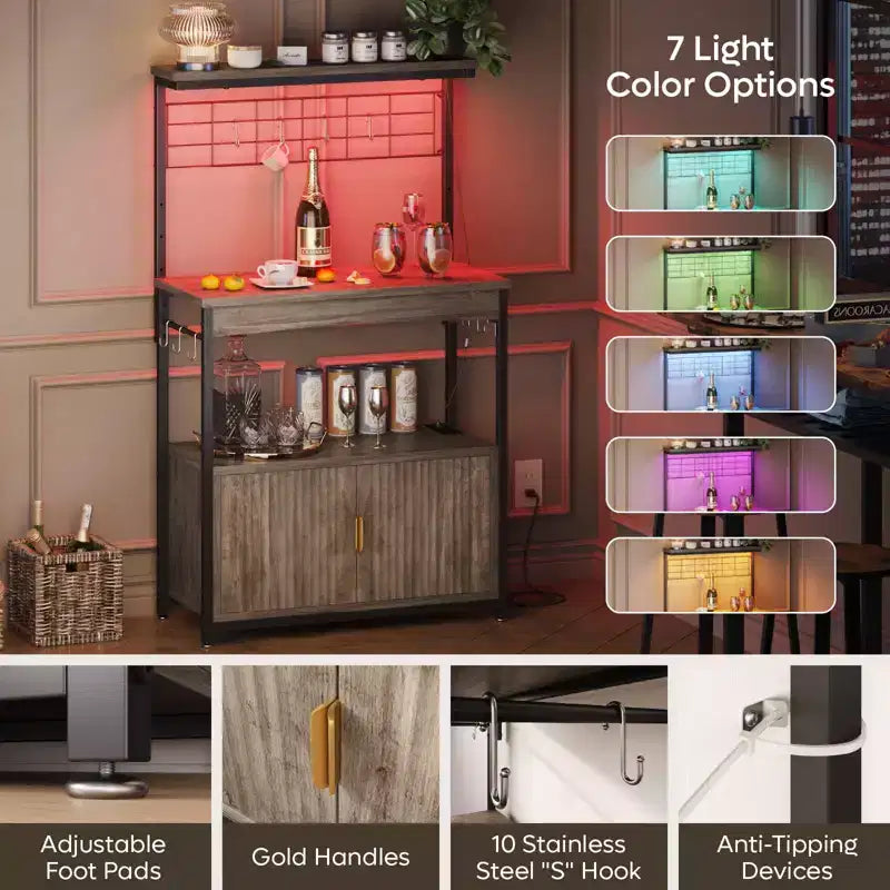 Étagère de cuisine Bestier Bakers avec prise de courant, meuble de cuisine micro-ondes réglable en hauteur de 45 à 55 pouces avec armoire de rangement, support de cuisine avec 10 crochets en S