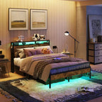 Cadre de lit double Bestier, lit plateforme à LED avec tête de lit de rangement et station de charge