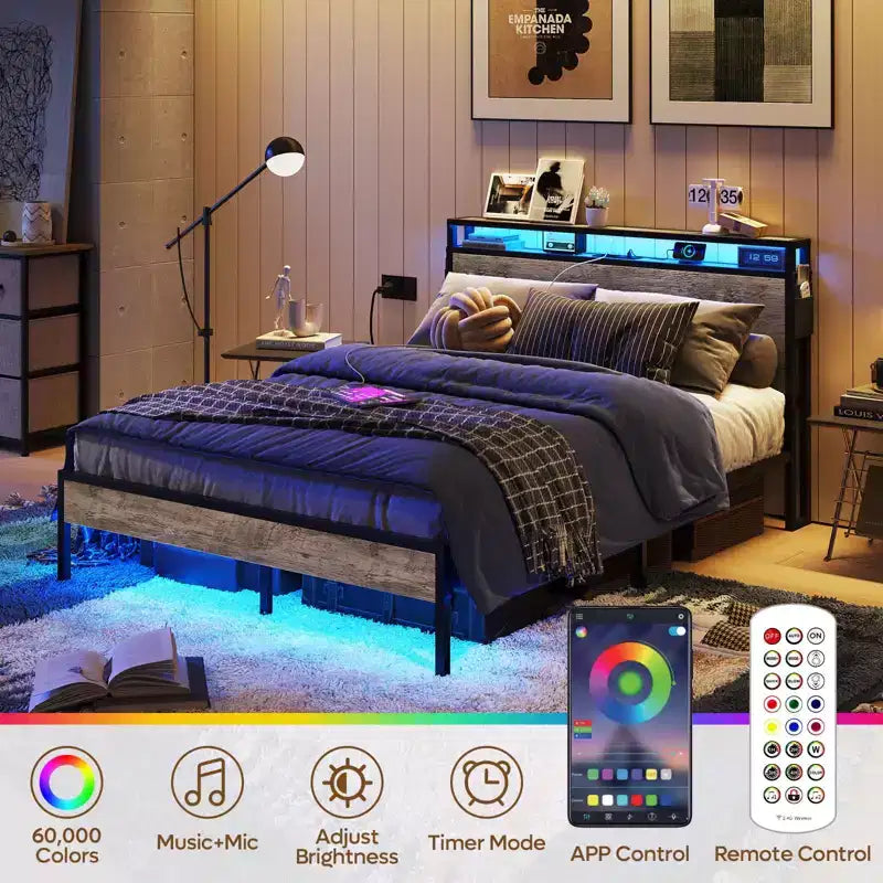Cadre de lit double Bestier, lit plateforme à LED avec tête de lit de rangement et station de charge