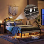 Cadre de lit double Bestier, lit plateforme à LED avec tête de lit de rangement et station de charge