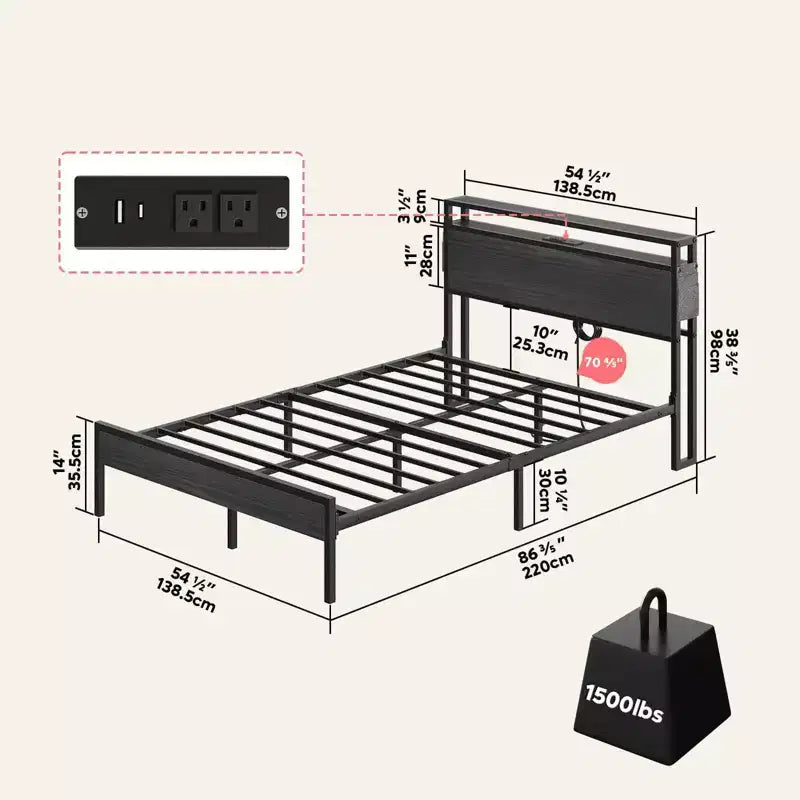 Cadre de lit double Bestier, lit plateforme à LED avec tête de lit de rangement et station de charge