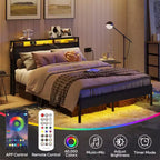 Cadre de lit double Bestier, lit plateforme à LED avec tête de lit de rangement et station de charge