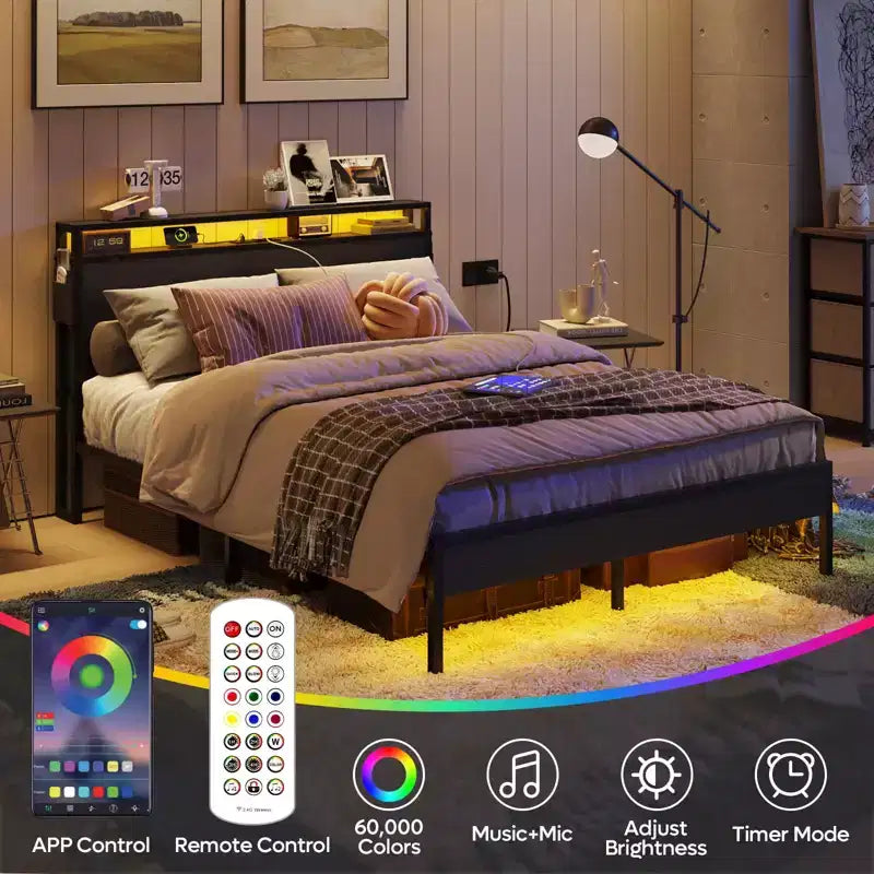 Cadre de lit double Bestier, lit plateforme à LED avec tête de lit de rangement et station de charge