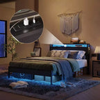 Cadre de lit double Bestier, lit plateforme à LED avec tête de lit de rangement et station de charge