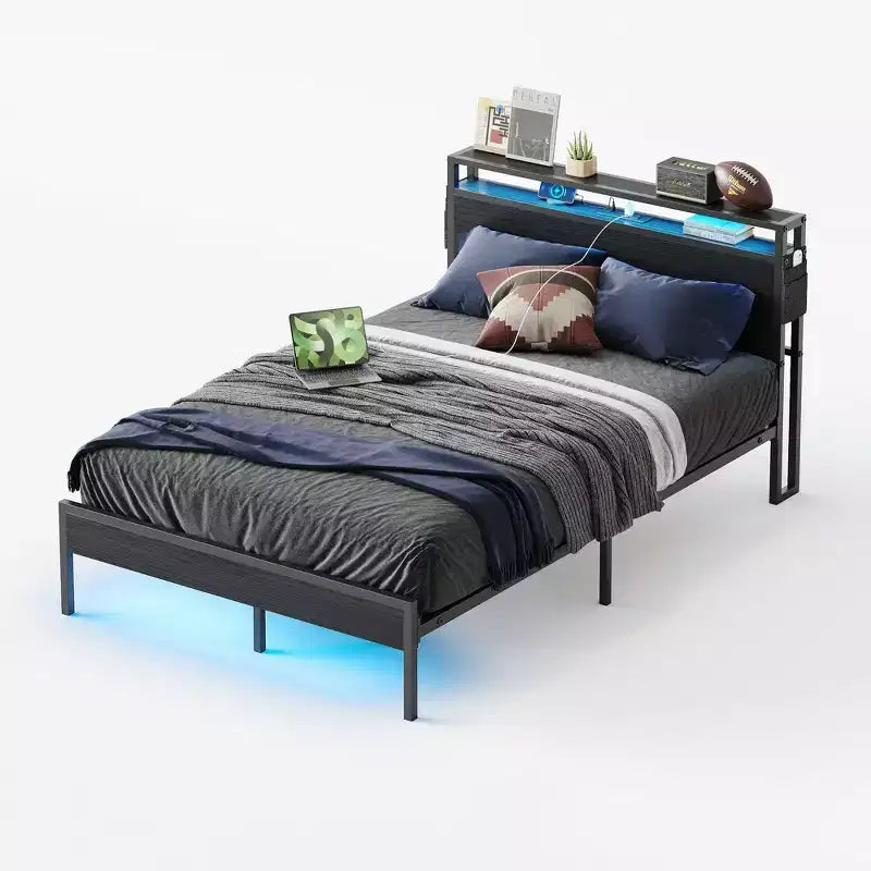 Cadre de lit double Bestier, lit plateforme à LED avec tête de lit de rangement et station de charge