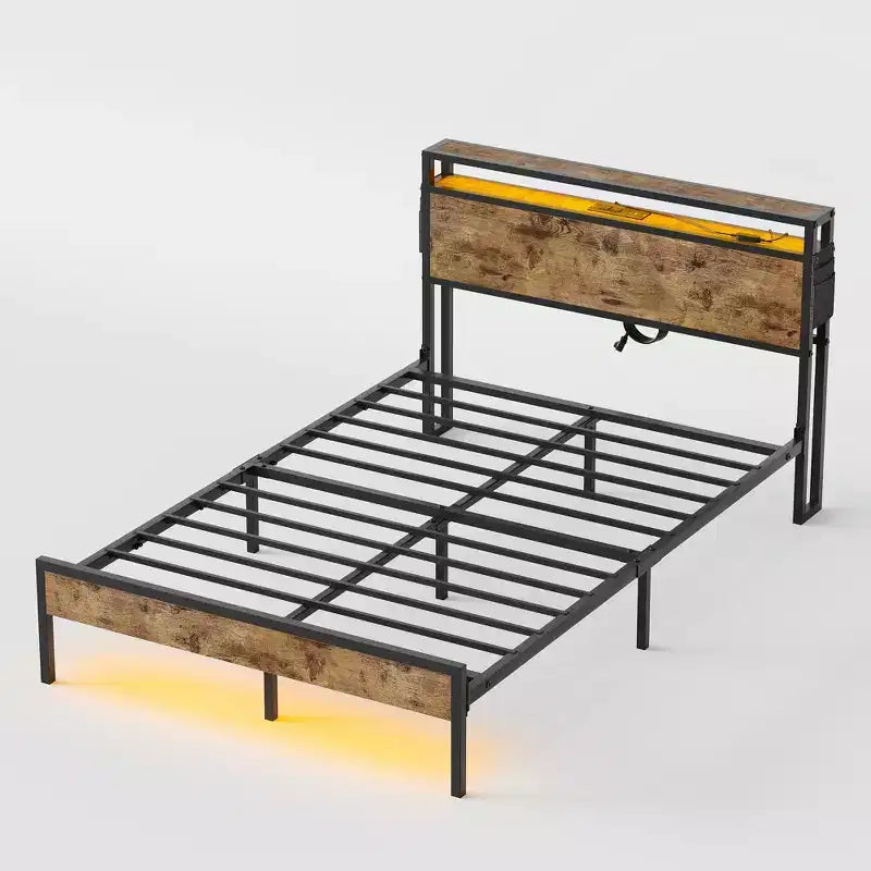 Cadre de lit double Bestier, lit plateforme à LED avec tête de lit de rangement et station de charge