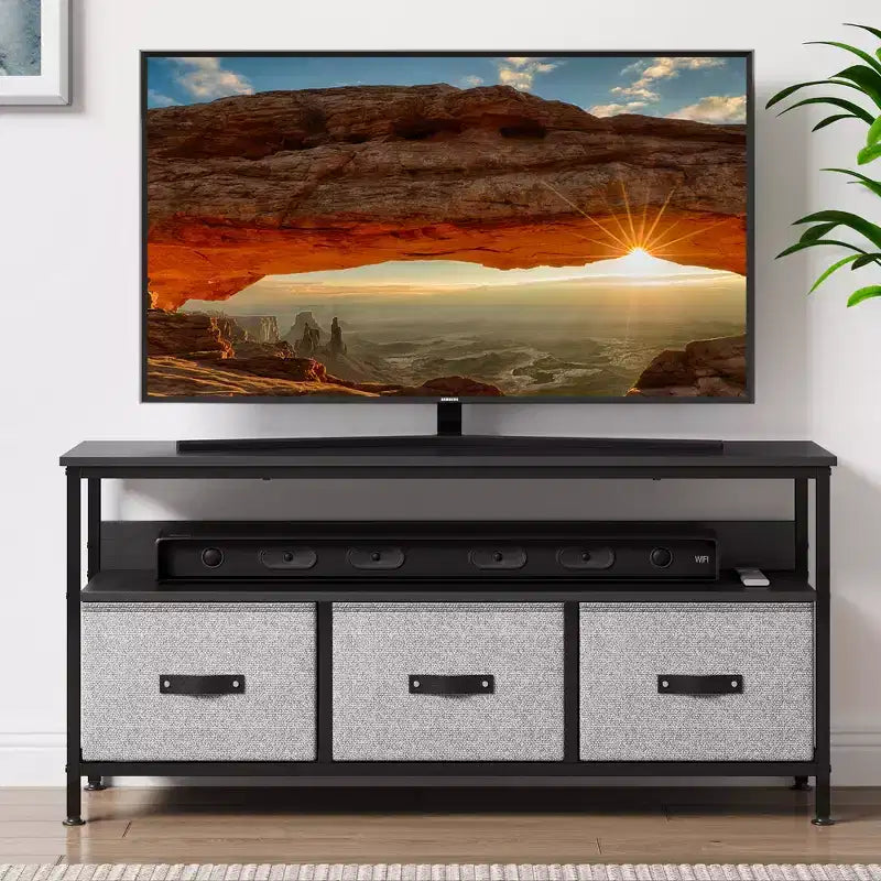 Meuble TV avec Rangement, Petit Meuble Télé de 55 Pouces avec Tiroirs et Étagères, Meuble Console TV & Multimédia pour Salon, Chambre à Coucher