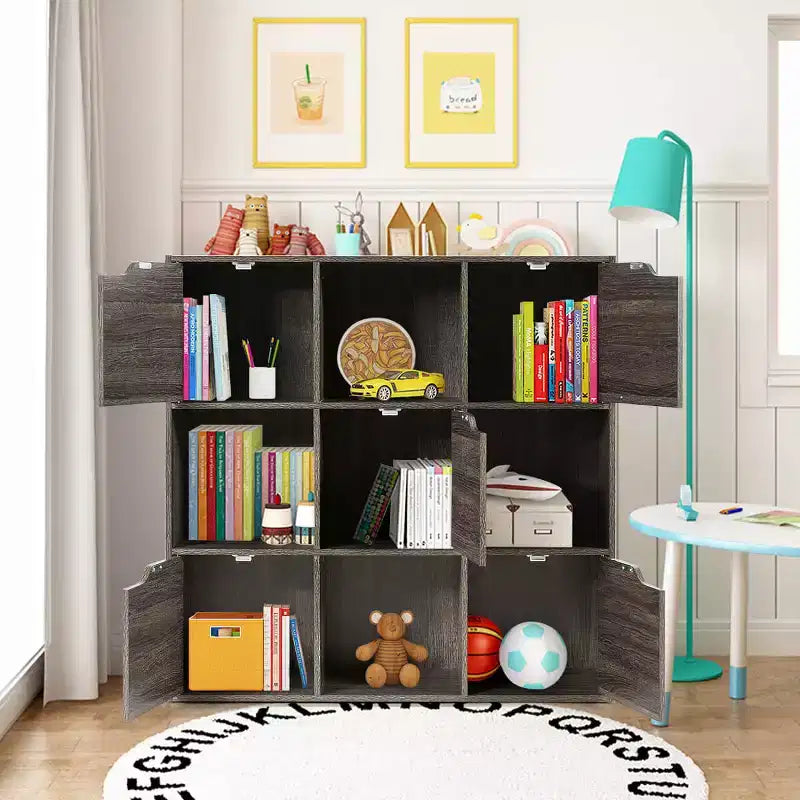 Costway Étagère 9 Cases Meuble de Rangement en Bois Étagères de Rangement Séparateur de Pièce Gris/Blanc