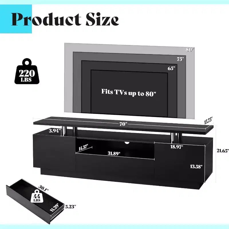 Meuble TV AMERLIFE 70" en laque brillante avec lumières LED, meuble de rangement et étagère, pour TV jusqu'à 80"