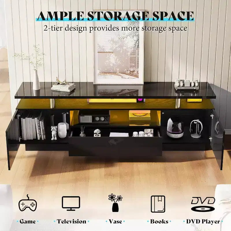 Meuble TV AMERLIFE 70" en laque brillante avec lumières LED, meuble de rangement et étagère, pour TV jusqu'à 80"