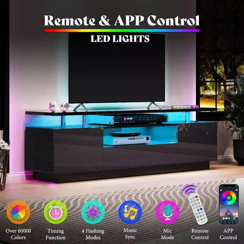 Meuble TV AMERLIFE 70" en laque brillante avec lumières LED, meuble de rangement et étagère, pour TV jusqu'à 80"