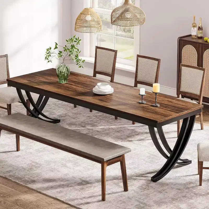 Table à manger rectangulaire de 78 pouces pour 6-8 personnes, grande table de ferme en bois avec pieds en métal robustes