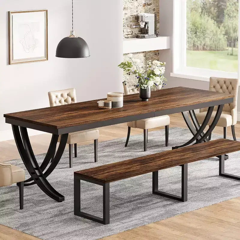 Table à manger rectangulaire de 78 pouces pour 6-8 personnes, grande table de ferme en bois avec pieds en métal robustes