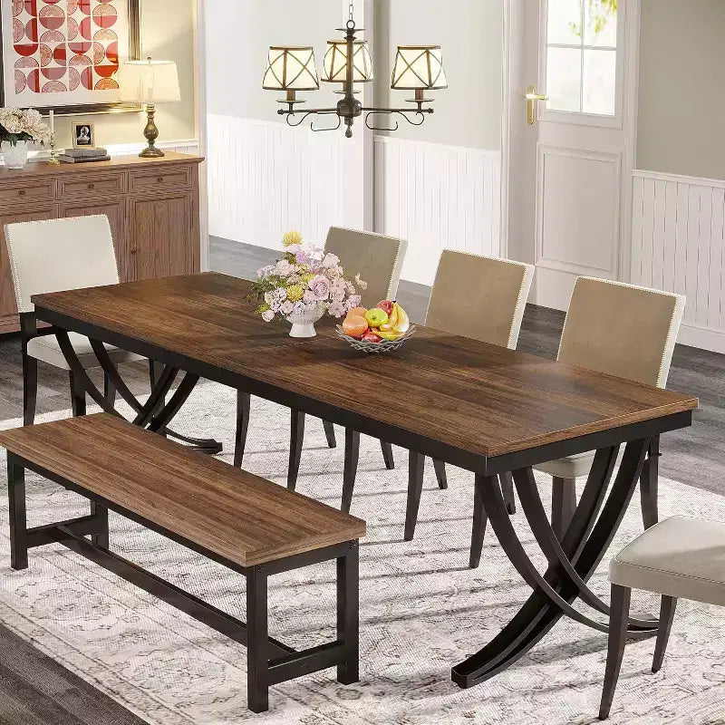 Table à manger rectangulaire de 78 pouces pour 6-8 personnes, grande table de ferme en bois avec pieds en métal robustes