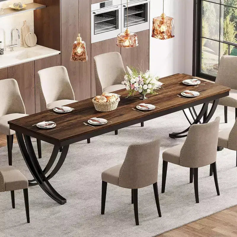 Table à manger rectangulaire de 78 pouces pour 6-8 personnes, grande table de ferme en bois avec pieds en métal robustes