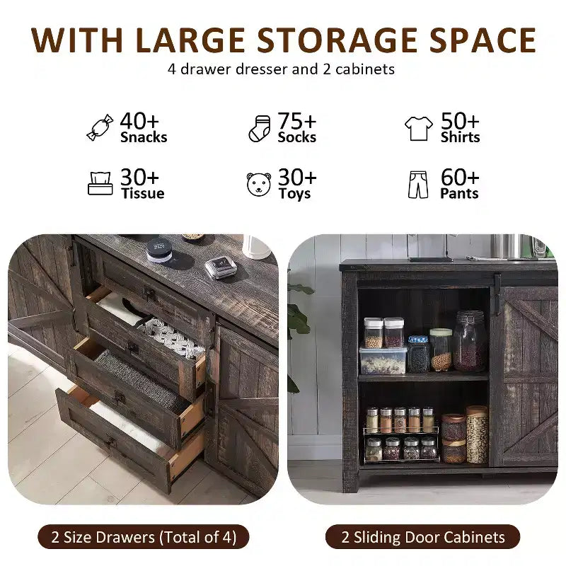 SinCiDo Coiffeuse de ferme 60 avec porte coulissante de grange et 4 tiroirs, Meuble à tiroirs pour salon, chambre à coucher, bar à café