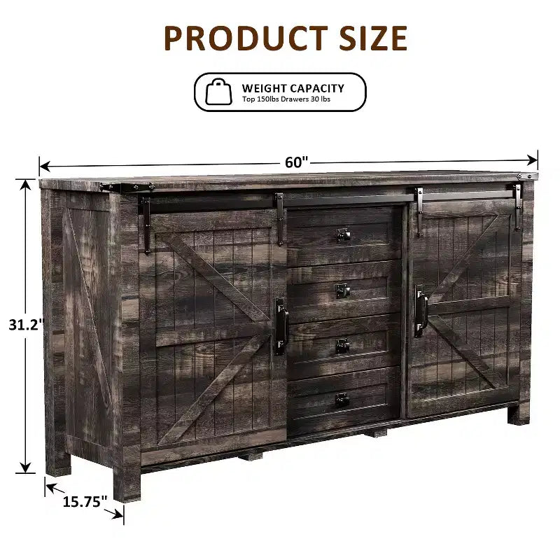 SinCiDo Coiffeuse de ferme 60 avec porte coulissante de grange et 4 tiroirs, Meuble à tiroirs pour salon, chambre à coucher, bar à café
