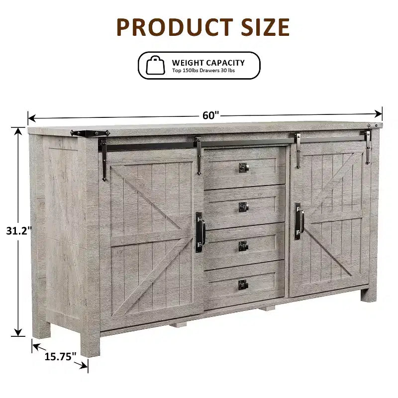 SinCiDo Coiffeuse de ferme 60 avec porte coulissante de grange et 4 tiroirs, Meuble à tiroirs pour salon, chambre à coucher, bar à café