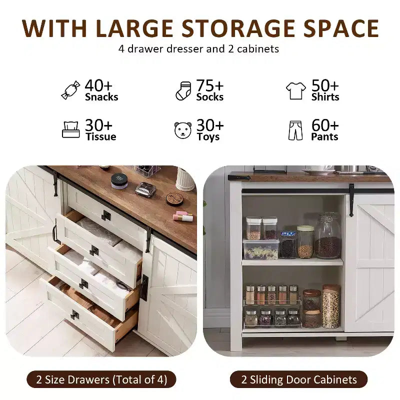 SinCiDo Coiffeuse de ferme 60 avec porte coulissante de grange et 4 tiroirs, Meuble à tiroirs pour salon, chambre à coucher, bar à café