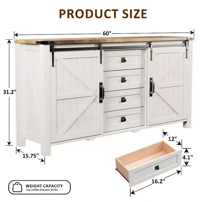 SinCiDo Coiffeuse de ferme 60 avec porte coulissante de grange et 4 tiroirs, Meuble à tiroirs pour salon, chambre à coucher, bar à café